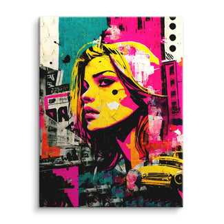 Modernes Pop Art Wandbild mit Frau, bunten Farben und Stadthintergrund