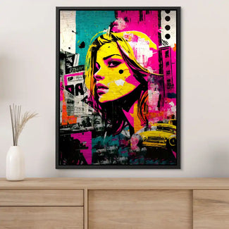 Modernes Wandbild Pop Art, blonde Frau, bunte Farben, urbaner Stil, gelbes Auto im Hintergrund