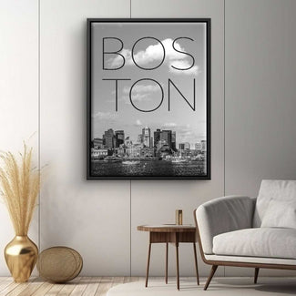 Modernes Wandbild Boston Skyline in Schwarz-Weiß im Wohnzimmer mit stilvoller Einrichtung
