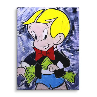 Comic Junge mit blondem Haar, roter Schleife und Geld auf Pop Art Wandbild vor lila Hintergrund