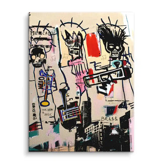 Modernes Wandbild mit abstrakten Musikern, Trompeten und urbanen Farben im Pop Art Stil