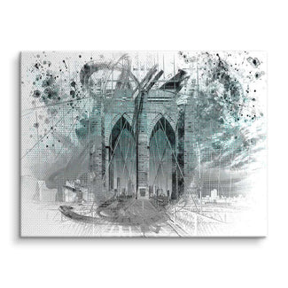 Modernes Wandbild der Brooklyn Bridge mit künstlerischen Graffiti- und Aquarellakzenten