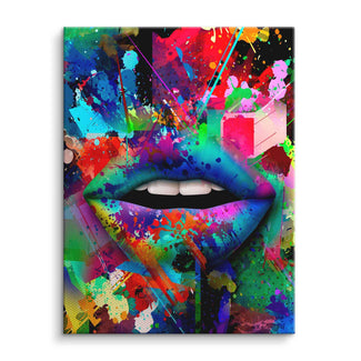 Bunte Lippen Pop Art Wandbild mit abstrakten Farbspritzern auf Leinwand