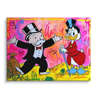 Pop Art Wandbild mit Comicfigur im Anzug und Ente auf buntem Hintergrund, Geldsäcke und Münzen