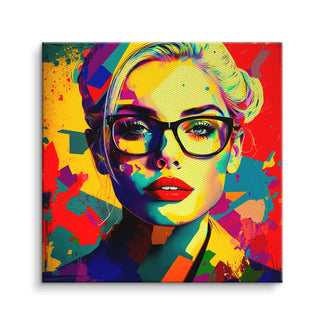 Modernes Wandbild Pop Art Frau mit Brille, bunt, abstrakte Kunst auf Leinwand