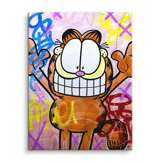 Wandbild mit comicartiger, orangefarbener Katze vor buntem Graffiti-Hintergrund, Pop Art Stil
