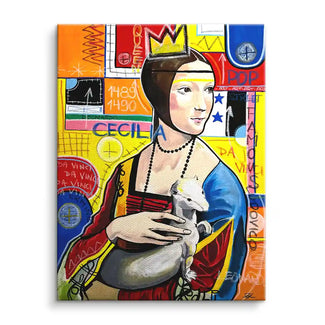 Pop Art Wandbild mit Frau im Renaissance-Stil, buntem Hintergrund und Hermelin, Streetart-Elemente