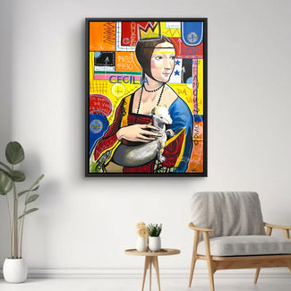 Modernes Wandbild Frau mit Hermelin im Pop Art Stil, bunte Kunst für Wohnzimmer auf Leinwand