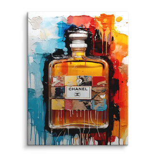 Modernes Wandbild Chanel Parfumflakon mit bunter, abstrakter Farbgestaltung auf Leinwand