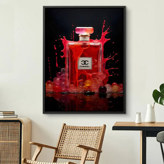 Modernes Wandbild mit rotem Parfümflakon, Splash-Effekt, Pop Art Deko im Wohnzimmer