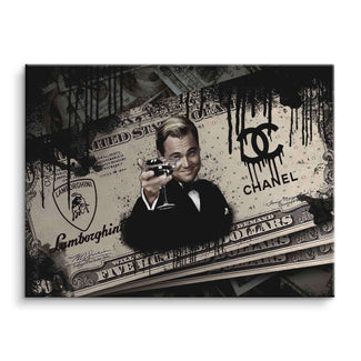 Modernes Wandbild mit Anzugträger, Dollar-Schein, Chanel- und Lamborghini-Logos, Pop Art