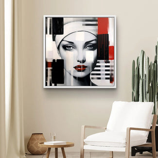 Modernes Wandbild mit abstraktem Frauenporträt in Schwarz, Weiß und Rot im Wohnzimmer
