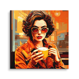 Modernes Wandbild Frau mit roten Haaren und Sonnenbrille, hält Kaffeetasse im Retro-Stil