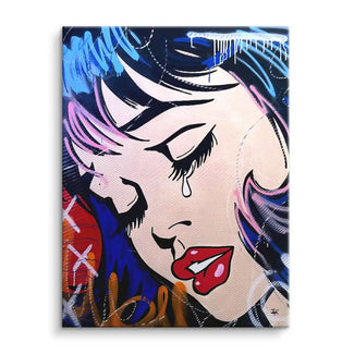 Pop Art Wandbild mit weinendem Comic-Mädchen, bunte Graffiti-Elemente auf Leinwand