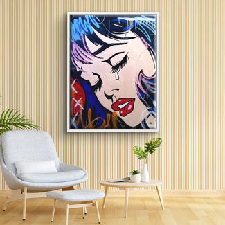 Modernes Pop Art Wandbild mit Comic-Motiv weinendes Mädchen im Wohnzimmer, bunte Farben