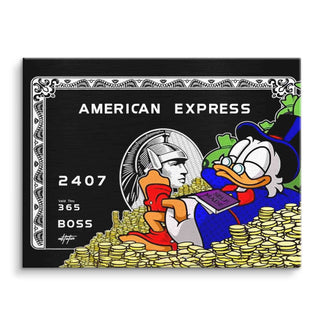 Comic Wandbild mit Ente im Zylinder auf Geldmünzen, American Express Motiv, Pop Art Leinwand