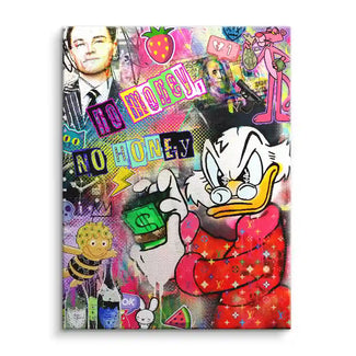 Buntes Pop Art Wandbild mit Dagobert Duck beim Geldzählen, Collage-Stil, Trendmotive