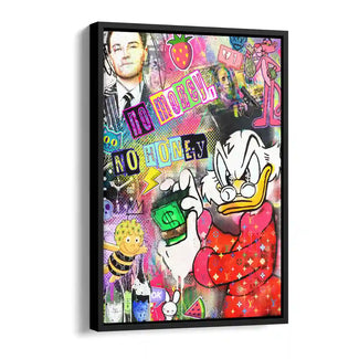Pop Art Wandbild mit Comic-Ente beim Geldzählen, bunte Collage, Spruch No Money No Honey.