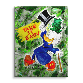 Comic-Wandbild mit Ente im Anzug, Stock und Frackhut, grüne Geldscheine, Text 'Take it easy'