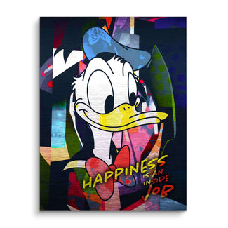 Modernes Wandbild mit Donald Duck, bunte Pop Art Collage, Schriftzug 'Happiness is an inside job'