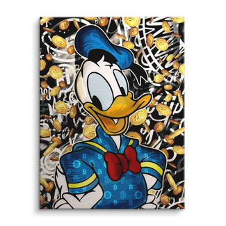 Comic-Wandbild mit Donald Duck im blauen Outfit, bunte Bitcoin-Münzen fallen herab