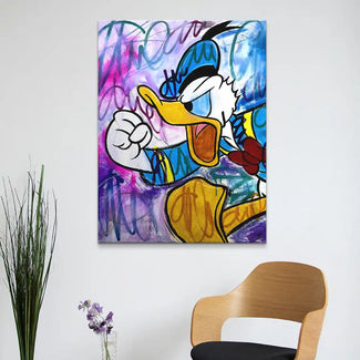 Pop Art Wandbild mit Comic-Ente, bunte Graffiti-Kunst auf Leinwand im modernen Wohnraum