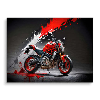 Modernes Wandbild mit rotem Motorrad vor abstraktem Farbspritzer auf dunklem Hintergrund