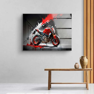 Modernes Wandbild mit rotem Motorrad und Splash-Effekt, Kunst für Wohnzimmer, Motorsport Deko