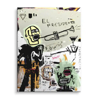 Modernes Wandbild im urbanen Graffiti-Stil mit abstrakten Gesichtern und Trompete auf Leinwand