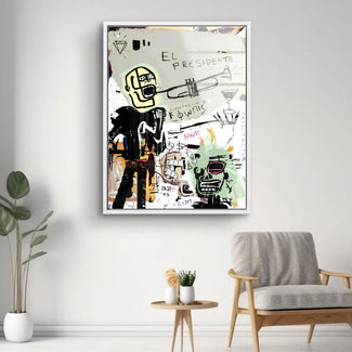 Modernes Wandbild im abstrakten Graffiti-Stil mit Trompetenspieler und bunten Akzenten im Wohnzimmer