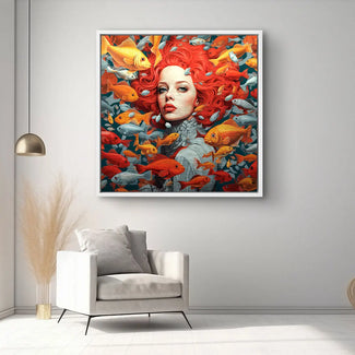 Modernes Wandbild mit Frau und roten Fischen, farbenfrohe Kunst für Wohnzimmer-Dekoration