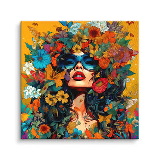 Buntes Wandbild mit Frau, Sonnenbrille und vielen Blumen in kräftigen Farben