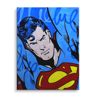 Pop Art Wandbild mit Comic-Superheld auf blauem Hintergrund, Leinwanddruck