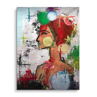 Abstraktes Wandbild einer Frau im Profil mit bunten Farben und Kreisen, moderne Kunst