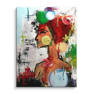 Buntes abstraktes Wandbild einer Frau im Profil mit kräftigen Farben und modernen Akzenten