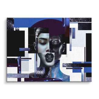 Modernes Wandbild mit abstraktem Frauenkopf, geometrische Formen, Glitzer und Blautönen auf Leinwand