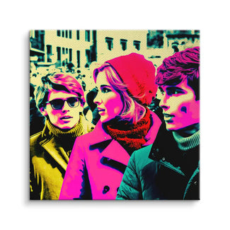 Pop Art Wandbild, drei stilisierte Freunde im farbenfrohen Retro-Stil auf Leinwand