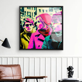 Pop Art Wandbild mit drei stilisierten Personen in bunten Farben, moderne Wohnzimmerdekoration