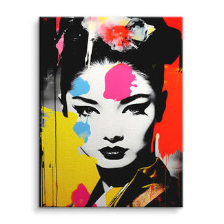 Modernes Wandbild Geisha Portrait mit bunten Farbakzenten auf Leinwand, asiatische Kunst