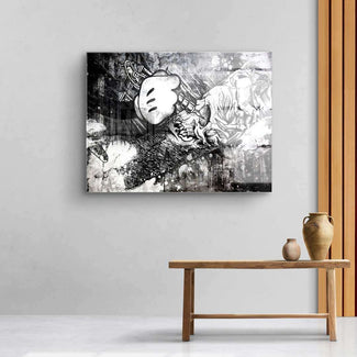 Modernes Wandbild in Schwarz-Weiß mit Comic-Hand und Totenkopf, abstrakte Kunst auf Leinwand