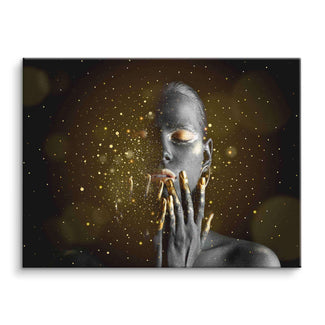 Modernes Wandbild mit schwarzem Gesicht, goldenen Akzenten und goldenen Pulver-Effekten