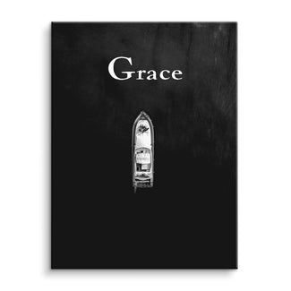 Minimalistisches Wandbild mit Boot und Schriftzug Grace auf schwarzem Hintergrund, Leinwandkunst