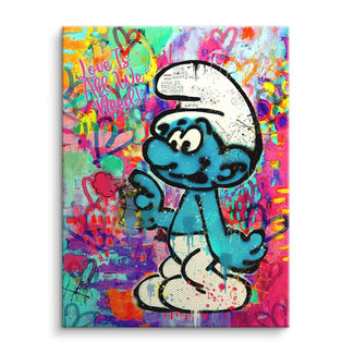 Graffiti-Wandbild mit blauem Comic-Figur, bunten Farben und Spruch Love is all we need