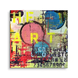 Buntes Wandbild mit Herzform, abstrakter Kunst, Buchstaben und Zahlen auf Leinwand