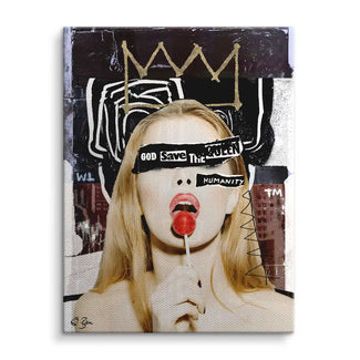 Modernes Wandbild mit Frau, Lollipop, Schriftzügen und Streetart-Krone, Pop Art Kunst