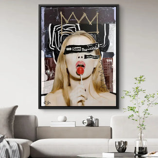 Modernes Wandbild mit Frau, Lollipop und Streetart-Elementen, Collage im Pop Art Stil