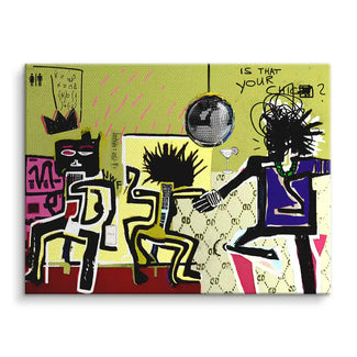 Modernes Pop Art Wandbild mit tanzenden, abstrakten Figuren, Disco-Kugel und lebhaften Farben