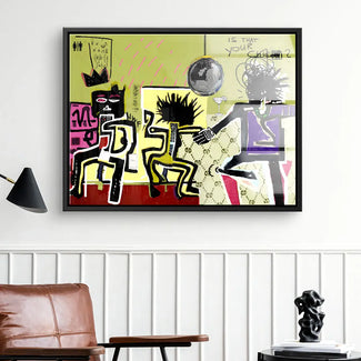Modernes Wandbild im abstrakten Pop Art Stil mit tanzenden Figuren und Disco-Kugel im Wohnzimmer