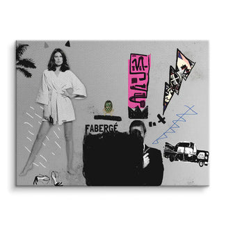Modernes Wandbild mit Collage aus Frau in weißem Kleid, Graffiti, Fabergé Text und Retro-Elementen