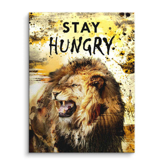Leinwandbild Löwe mit Spruch 'Stay Hungry', Motivationskunst, gelbe Farbspritzer
